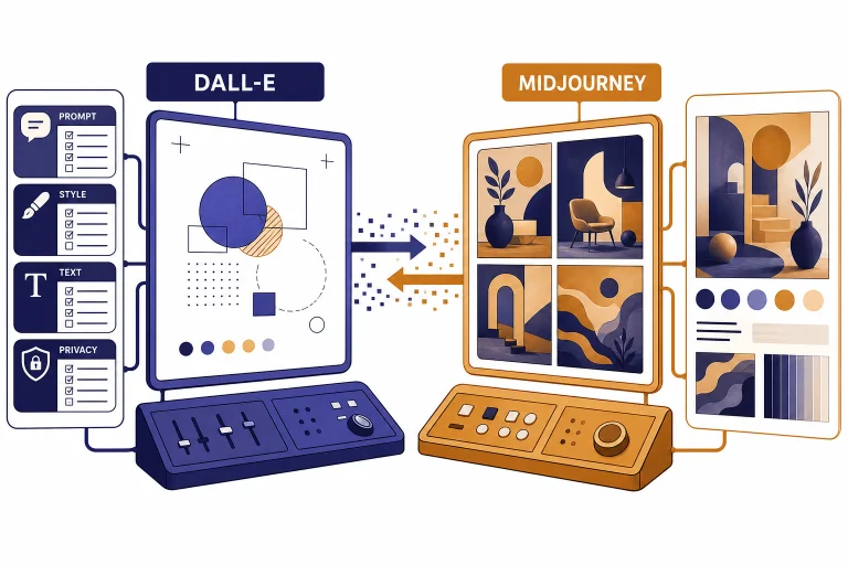 Two workstations labeled DALL-E and MIDJOURNEY with tags PROMPT, STYLE, TEXT, and PRIVACY.