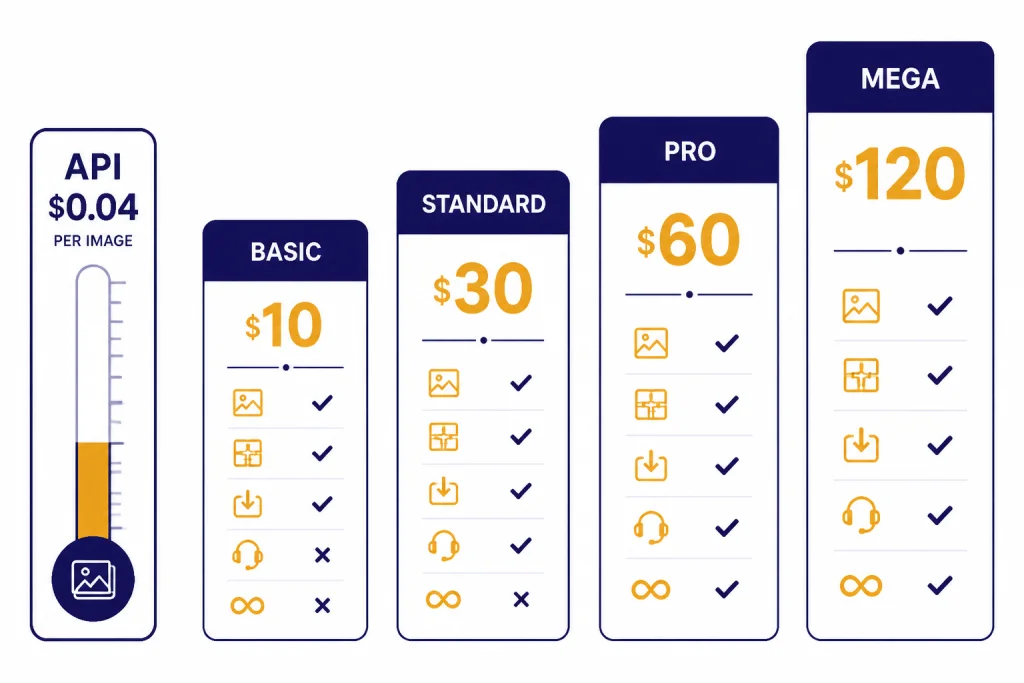 Pricing structure board comparing API-based image generation with Midjourney subscription tiers.