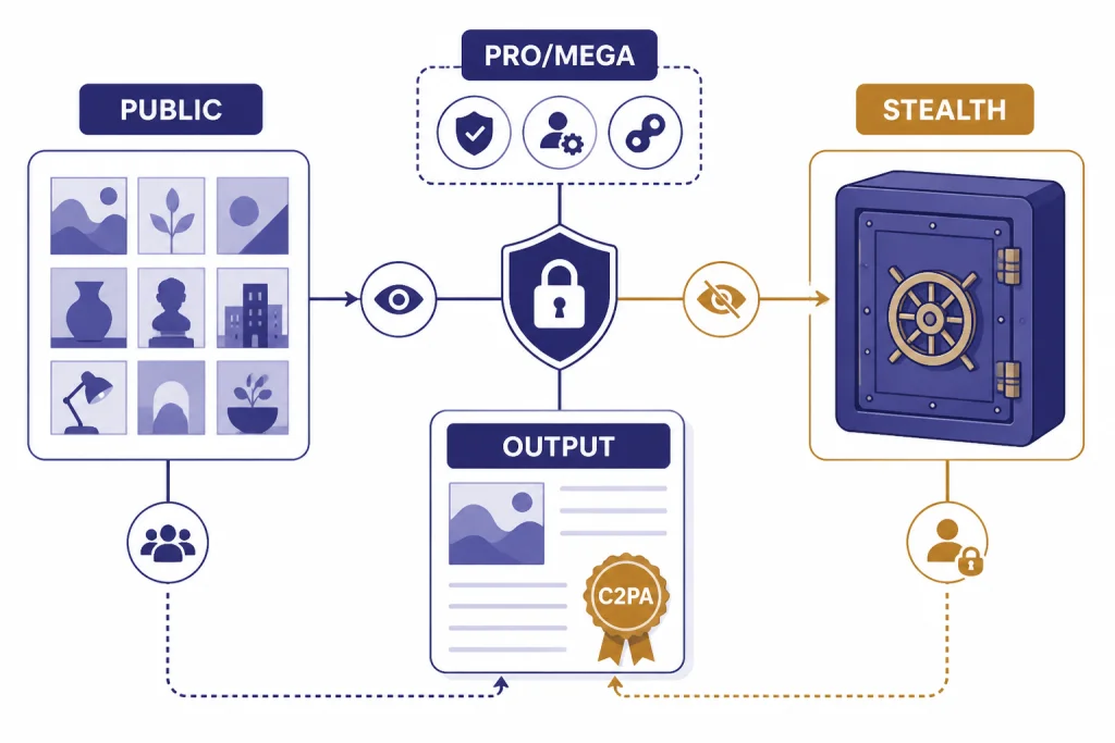 Privacy flowchart labeled PUBLIC, STEALTH, PRO/MEGA, OUTPUT, and C2PA.