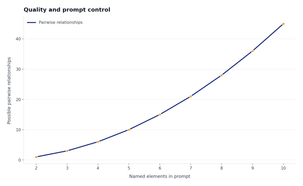 Conceptual chart showing that prompts become harder as more objects and relationships are added.