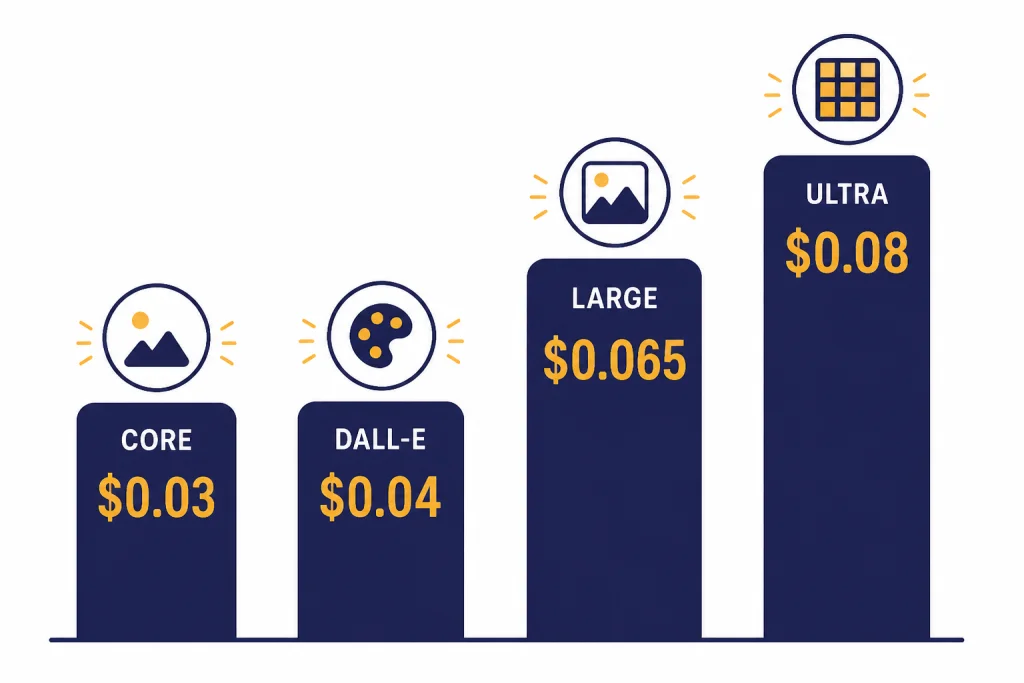 Four price bars labeled CORE $0.03, DALL-E $0.04, LARGE $0.065, and ULTRA $0.08.