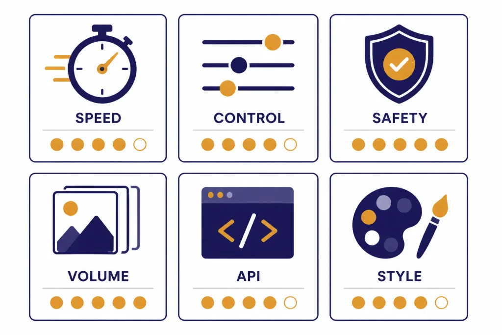 Six decision cards labeled SPEED, CONTROL, SAFETY, VOLUME, API, and STYLE with matching icons.
