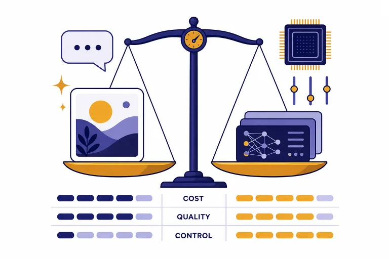 Balanced scale with chat bubble, image tile, GPU chip, sliders, and labels COST, QUALITY, CONTROL.
