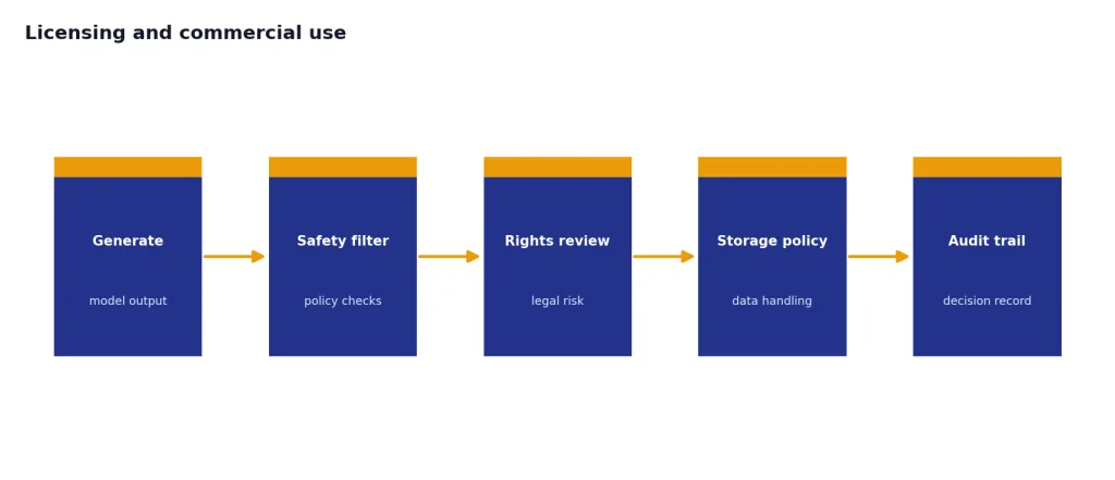 Process with 5 stages: Generate, Safety filter, Rights review, Storage policy, Audit trail.