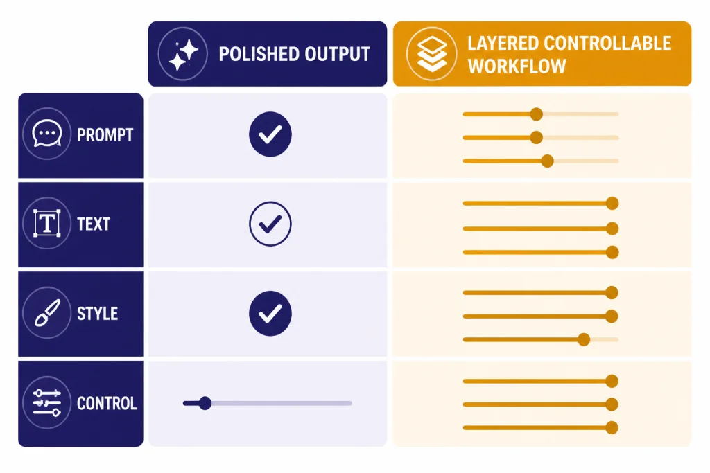 Two-column quality matrix with row labels PROMPT, TEXT, STYLE, and CONTROL plus checks and sliders.