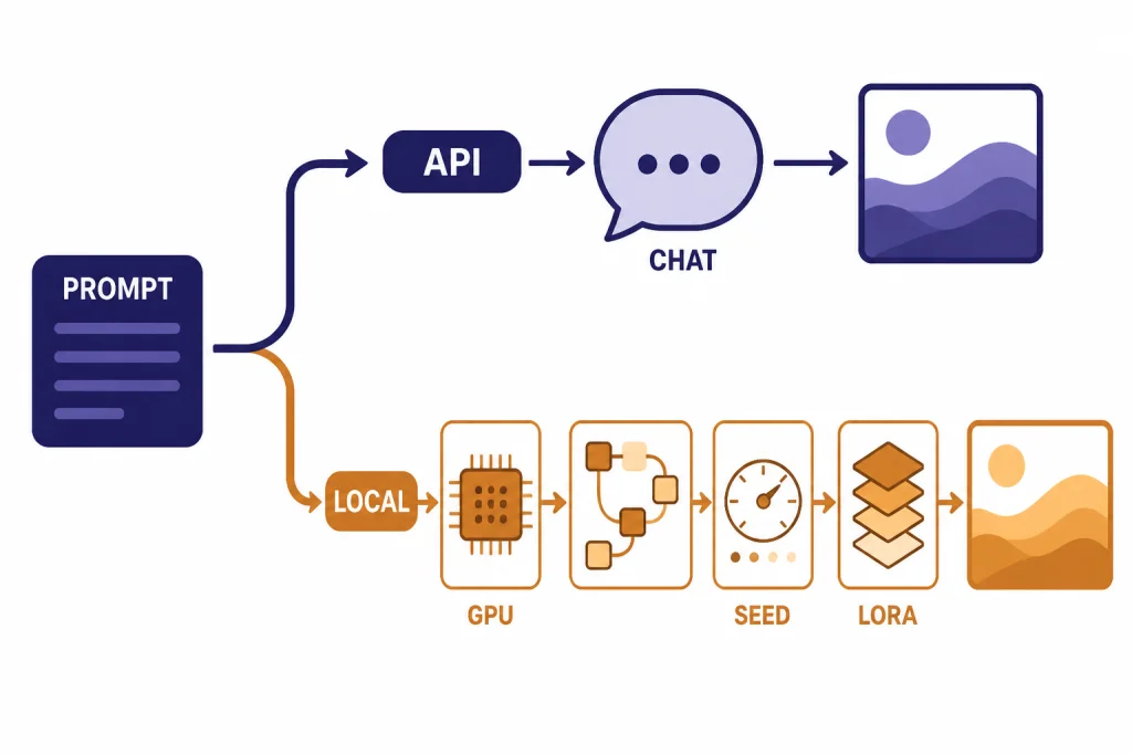 Workflow split from PROMPT to CHAT and API path, plus LOCAL GPU and LORA path.