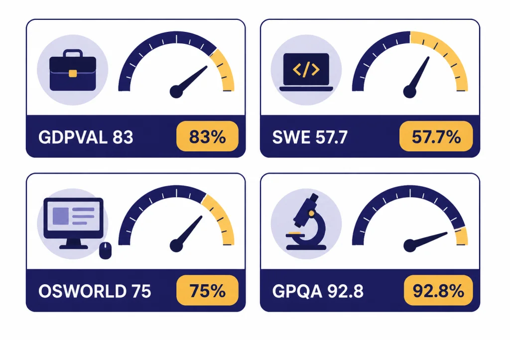 Four benchmark cards labeled GDPVAL 83, SWE 57.7, OSWORLD 75, and GPQA 92.8.