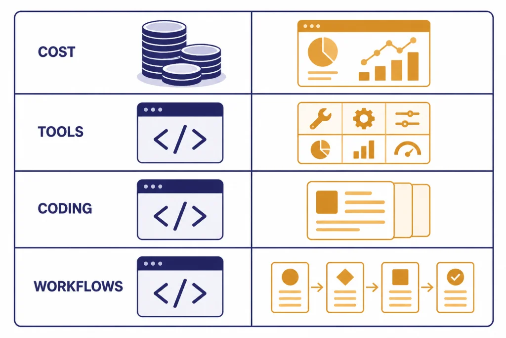 Comparison Decision Matrix Decision matrix with labels COST, TOOLS, CODING, and WORKFLOWS beside model choice icons.