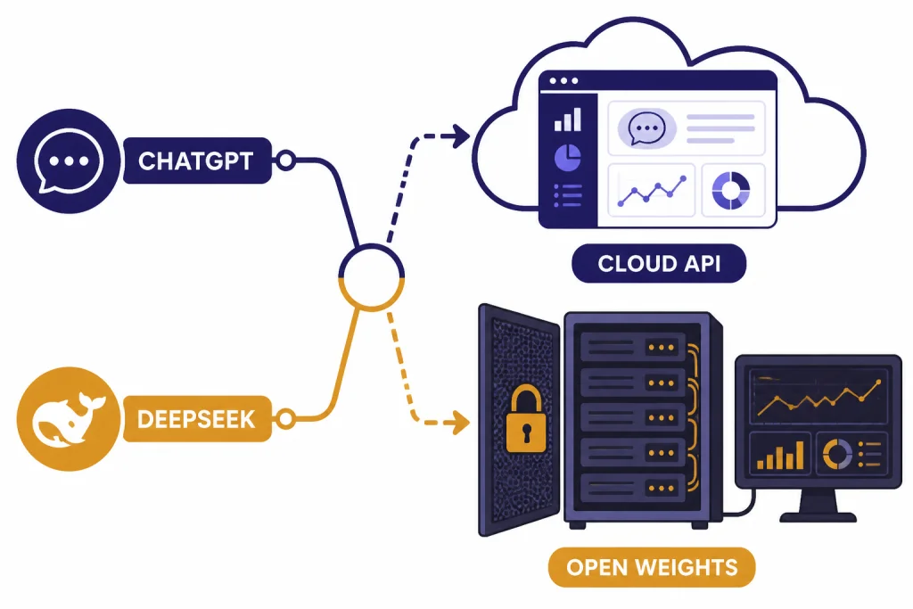 Split deployment diagram labeled CHATGPT CLOUD API and DEEPSEEK OPEN WEIGHTS.