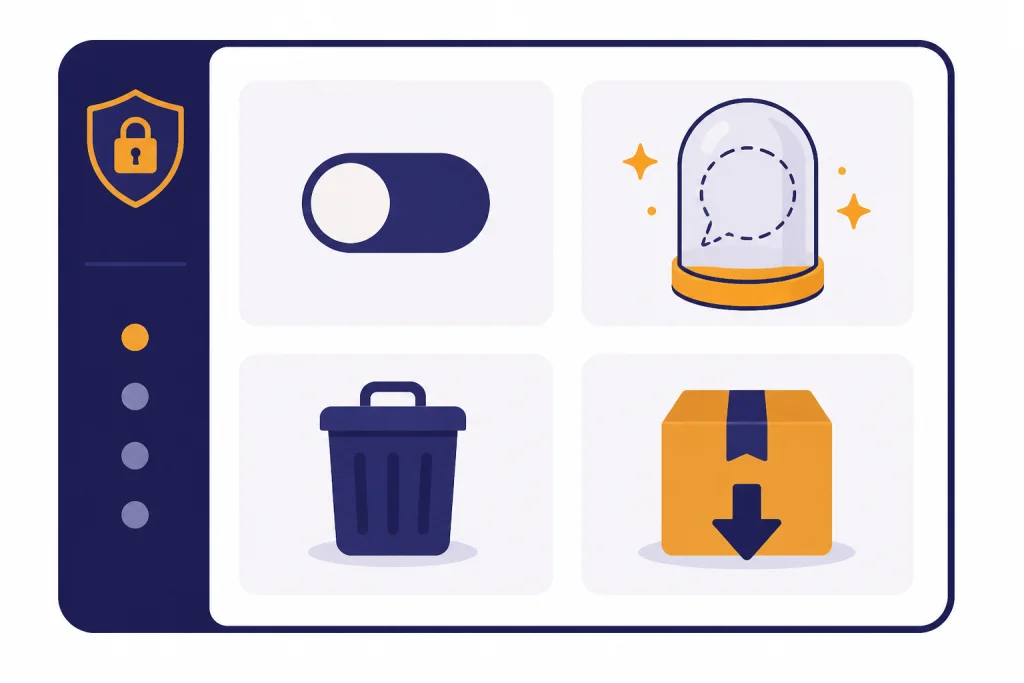 Privacy Cleanup Controls Privacy settings panel with off toggle, temporary chat capsule, trash bin, and export package.