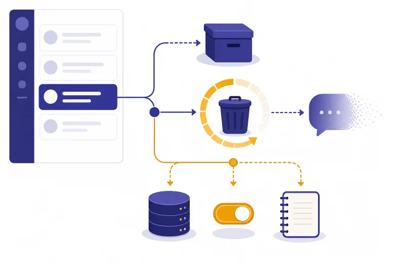 Chat sidebar connected to archive box, trash timer, temporary bubble, training toggle, and memory notepad.