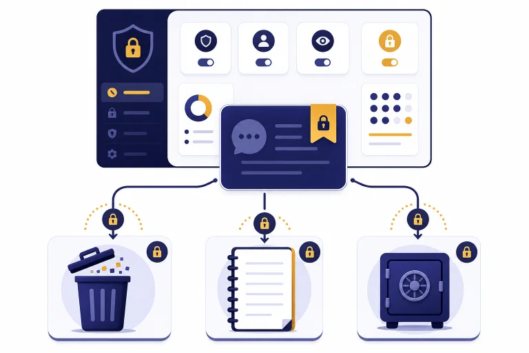 Privacy dashboard with saved chat card, deletion bin, memory notepad, and business vault paths.