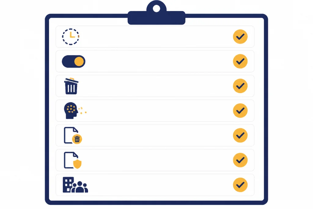 Privacy Cleanup Checklist Checklist board with rows for temporary chat, training toggle, deletion, memory, files, and business workspace.