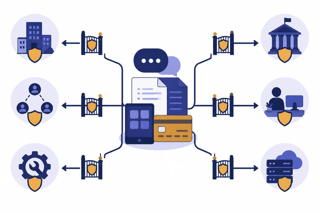 Personal Data Disclosure Paths Data stack branching through six gates to vendor, affiliate, legal, admin, shared chat, and third-party nodes.