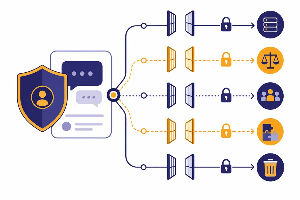 ChatGPT Data Sharing Map Central chat card with shield and five gated paths to service, legal, admin, connector, and deletion icons.