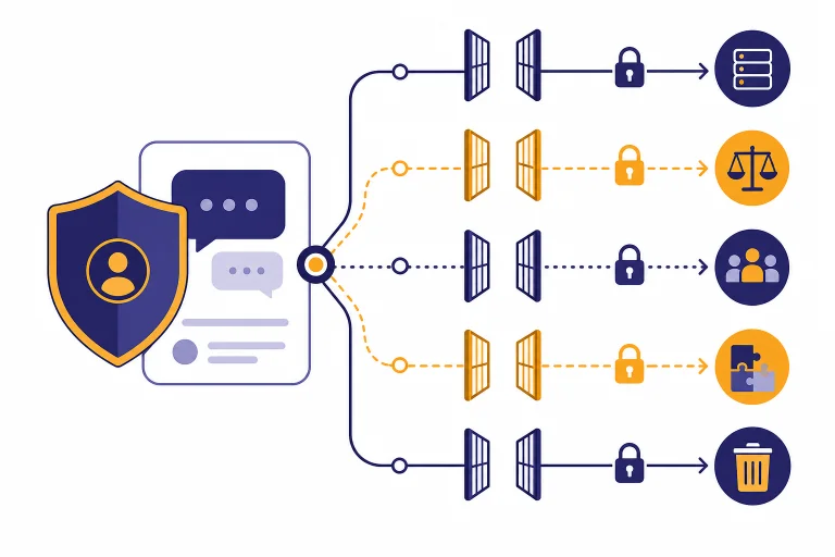 Central chat card with shield and five gated paths to service, legal, admin, connector, and deletion icons.