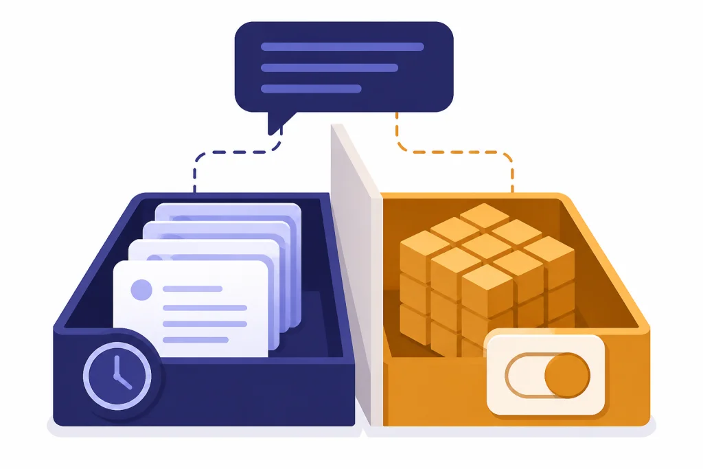 Retention Versus Training Chat card feeding two separated containers: archived chat sheets with clock and training cubes behind an off switch.