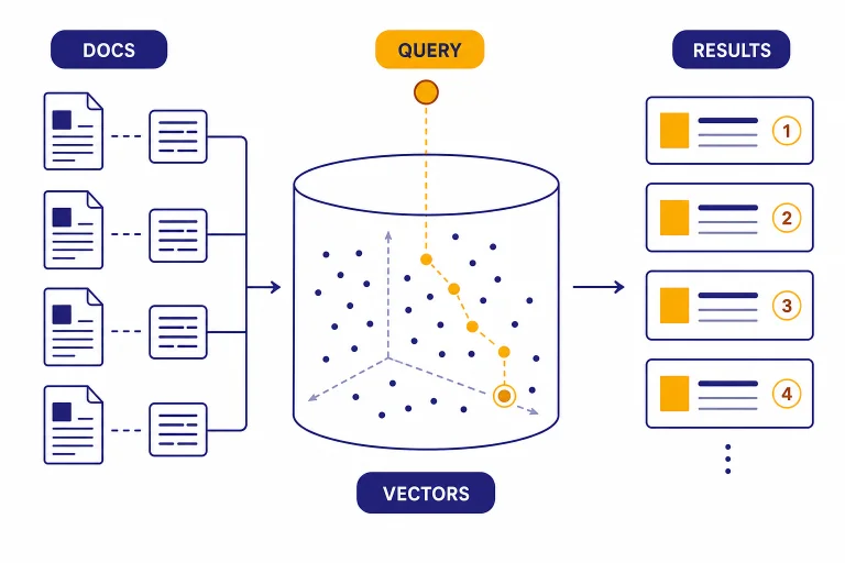 Vector database cylinder linking DOCS and QUERY to VECTORS and RESULTS with a highlighted nearest-neighbor path.