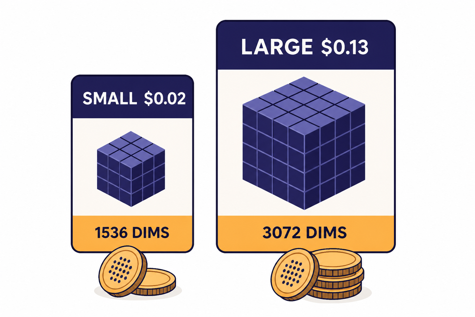 Embedding Model Comparison Two model cards labeled SMALL $0.02, 1536 DIMS, LARGE $0.13, and 3072 DIMS with token coins below.