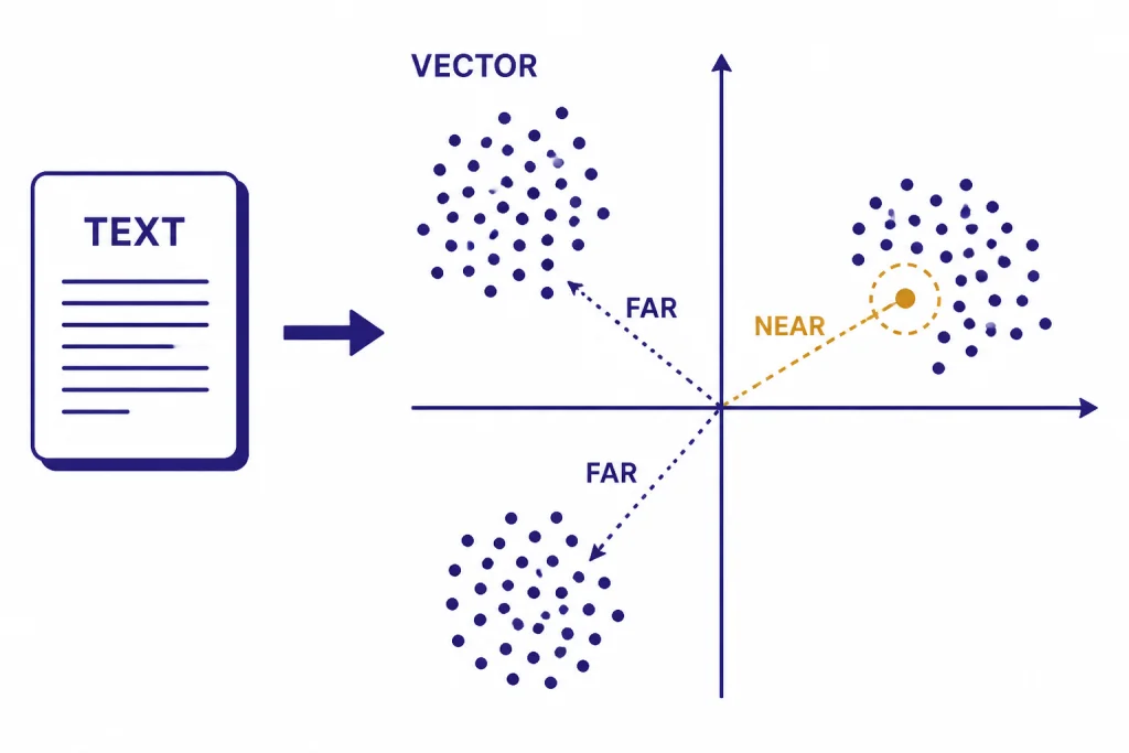 Coordinate plane with clustered dots and labels TEXT, VECTOR, NEAR, and FAR showing text becoming a vector.