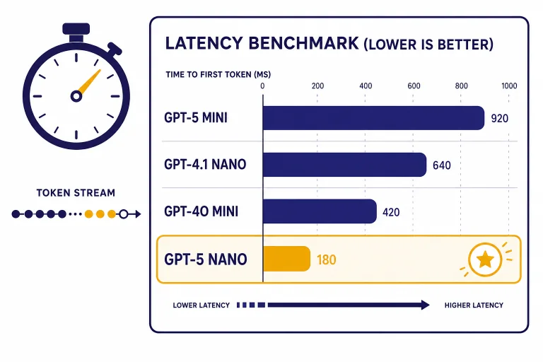 Latency dashboard with bars labeled GPT-5 NANO, GPT-5 MINI, GPT-4.1 NANO, and GPT-4O MINI.