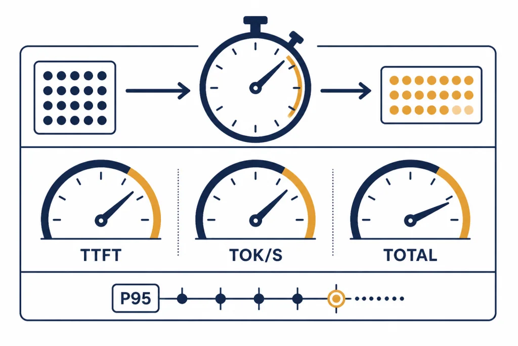 Latency Metrics Panel Benchmark panel with gauges labeled TTFT, TOK/S, TOTAL, and P95 beside a request arrow.
