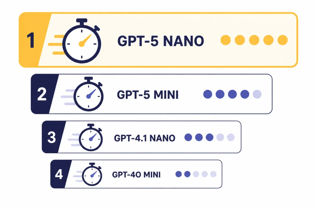 Fast Model Shortlist Ranked speed cards for nano and mini GPT models, shown as candidates rather than measured results.