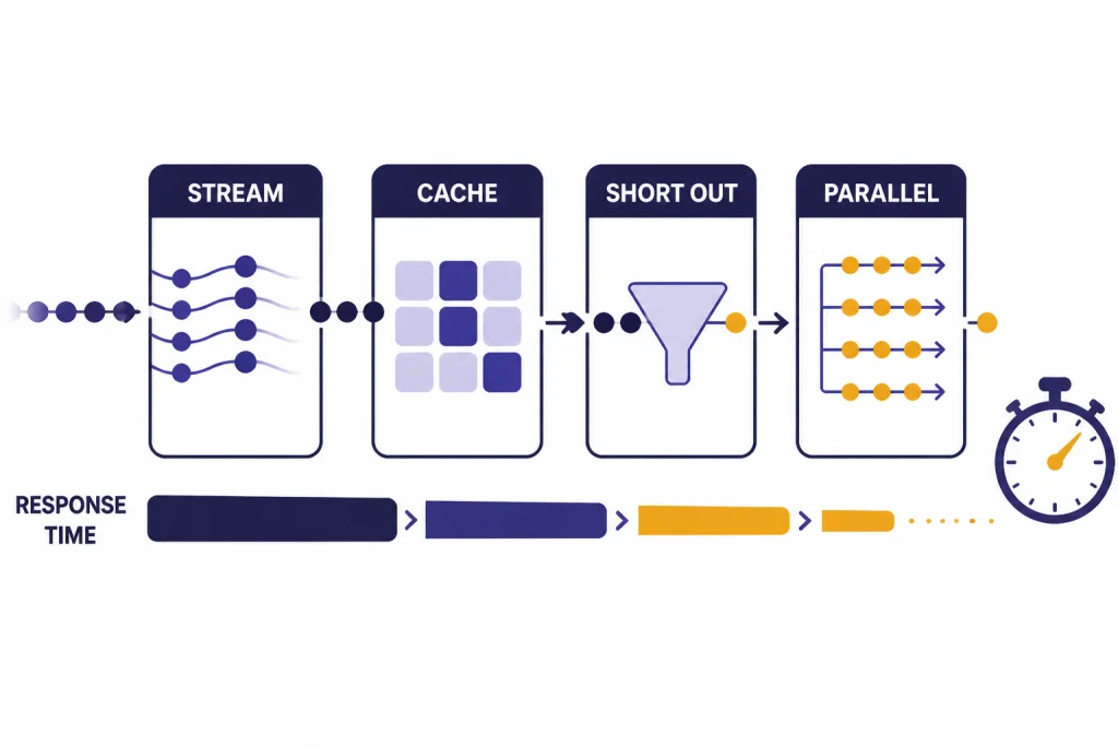 Latency Reduction Pipeline Latency pipeline labeled stream, cache, short output, and parallel with a shrinking response-time bar.