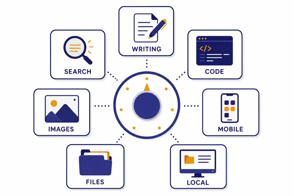 Free AI Assistant Matrix Seven assistant cards around a selection dial labeled WRITING, SEARCH, CODE, IMAGES, MOBILE, and LOCAL.
