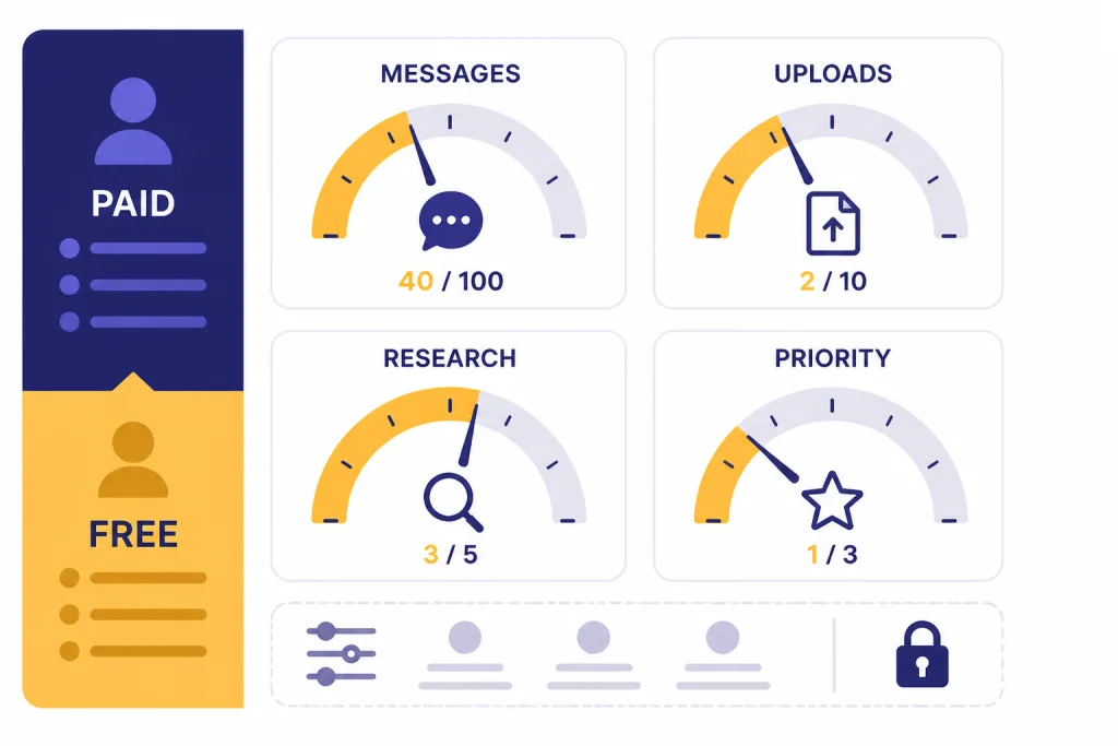 Limits dashboard with gauges labeled MESSAGES, UPLOADS, RESEARCH, PRIORITY, plus PAID and FREE markers.