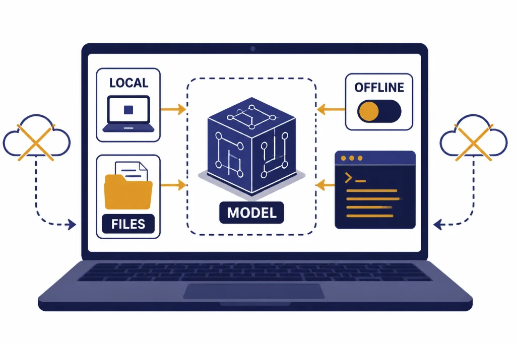 Laptop local AI stack with labels LOCAL, MODEL, FILES, and OFFLINE connected by arrows.