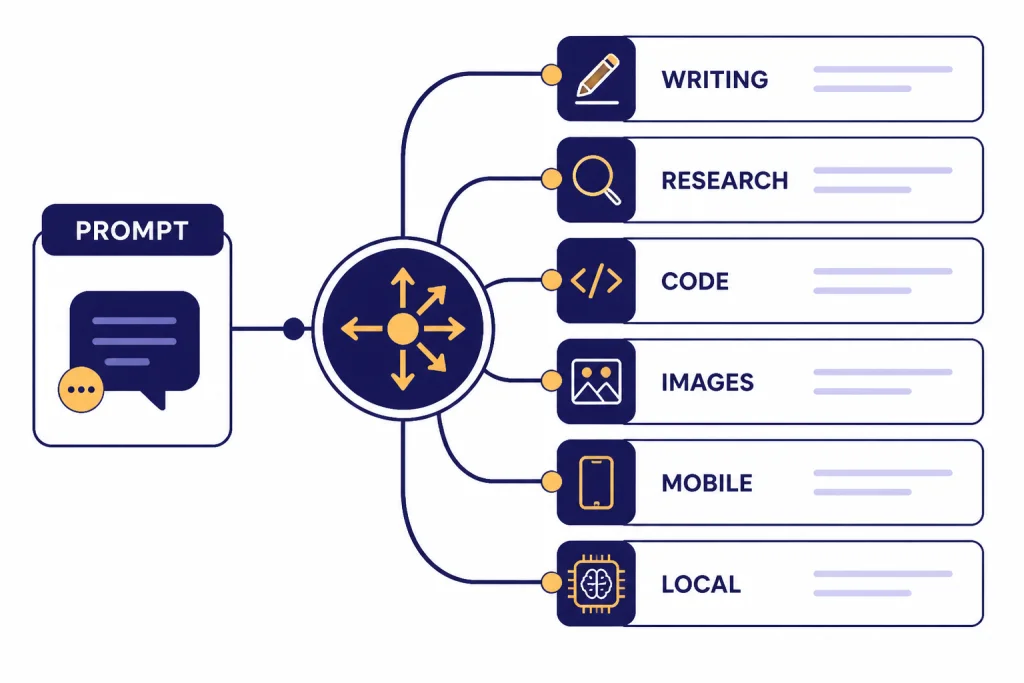 Task router with input labeled PROMPT flowing to WRITING, RESEARCH, CODE, IMAGES, and LOCAL cards.