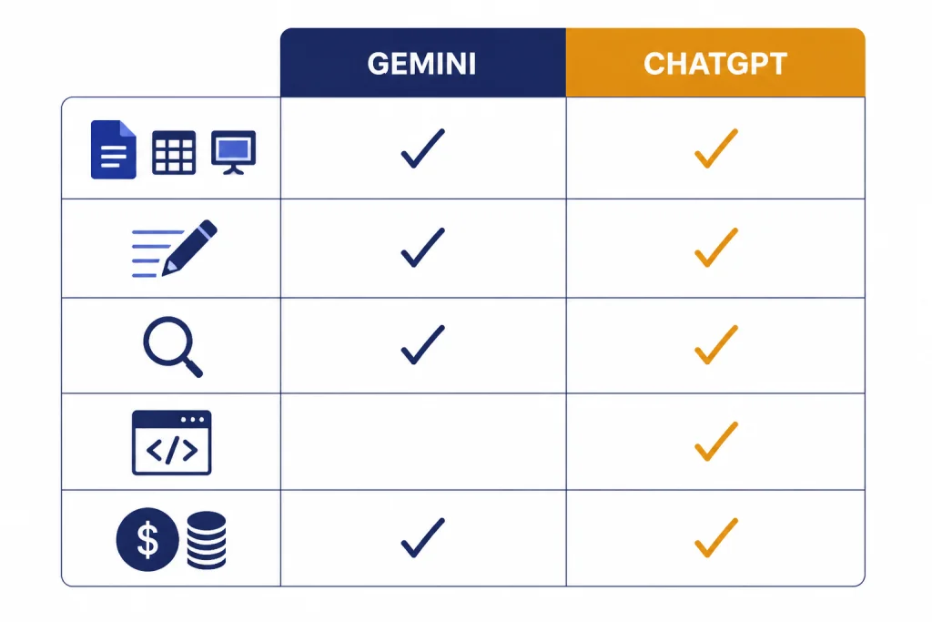 Decision matrix with columns labeled GEMINI and CHATGPT and rows for apps, writing, search, code, and pricing.