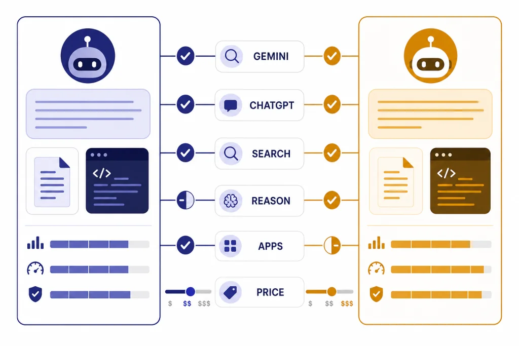 Gemini Versus ChatGPT Dashboard Side-by-side chatbot comparison dashboard labeled GEMINI, CHATGPT, SEARCH, REASON, APPS, and PRICE.