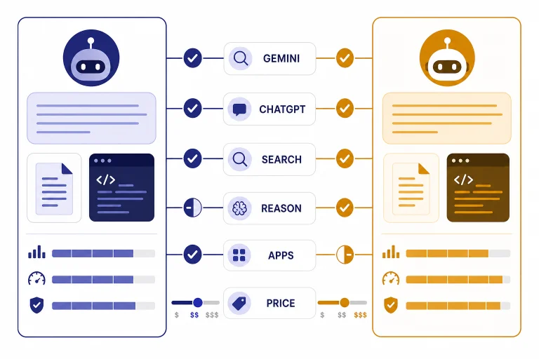 Side-by-side chatbot comparison dashboard labeled GEMINI, CHATGPT, SEARCH, REASON, APPS, and PRICE.