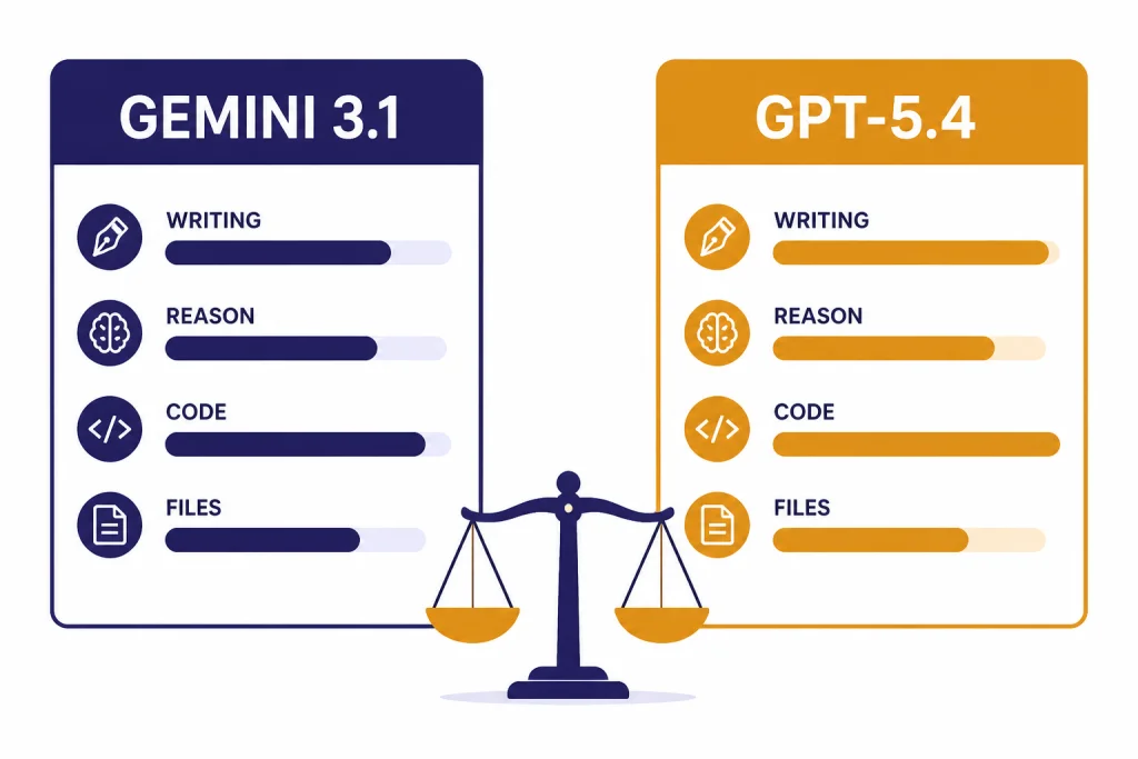 Two scorecards labeled GEMINI 3.1 and GPT-5.4 with bars for WRITING, REASON, CODE, and FILES.