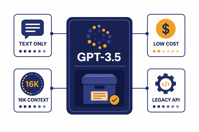Legacy model card labeled GPT-3.5 with tiles labeled TEXT ONLY, 16K CONTEXT, LOW COST, and LEGACY API.