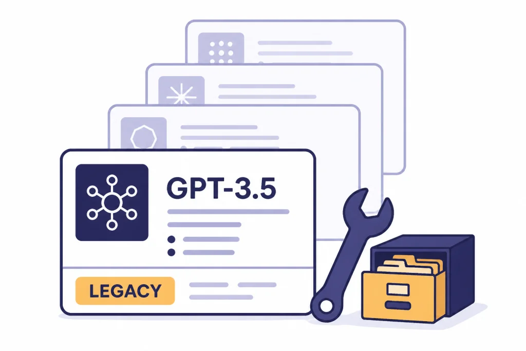 Legacy Model Card Stack Stack of API model cards with the front card labeled GPT-3.5 and a smaller tag labeled LEGACY.