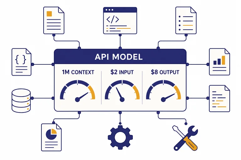 API spec card with gauges labeled 1M CONTEXT, $2 INPUT, $8 OUTPUT, and API MODEL.