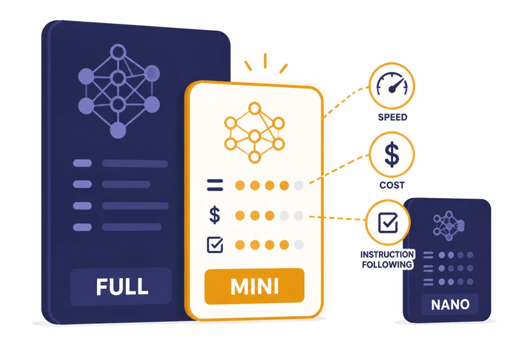 Three nested model cards labeled FULL, MINI, and NANO, with MINI highlighted between speed and cost icons.