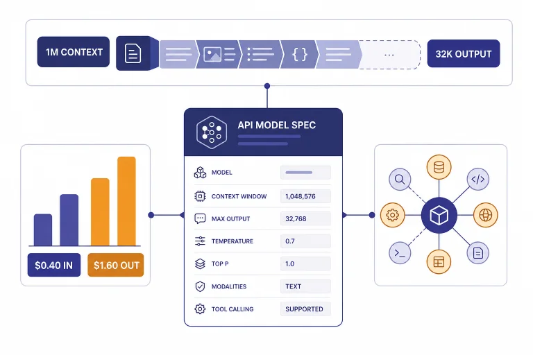 API spec card with labels 1M CONTEXT, 32K OUTPUT, $0.40 IN, and $1.60 OUT connected to tool nodes.
