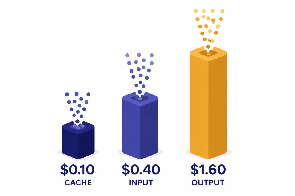Three pricing bars labeled $0.10 CACHE, $0.40 INPUT, and $1.60 OUTPUT with output tallest.