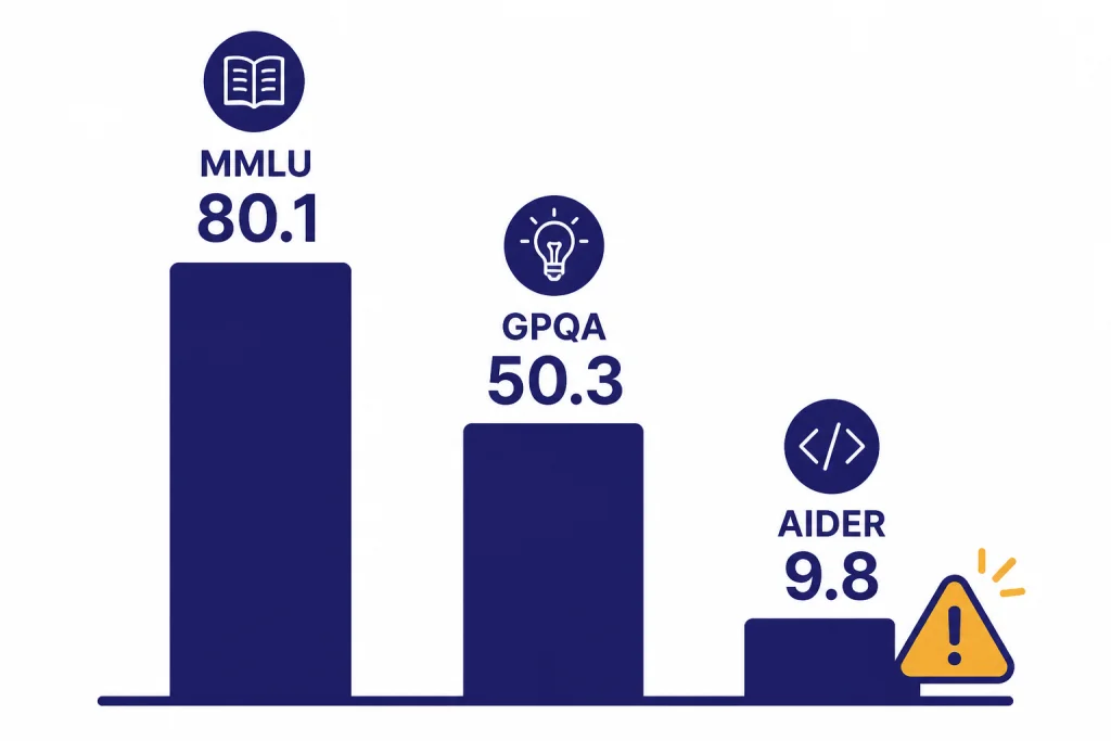 Three benchmark bars labeled MMLU 80.1, GPQA 50.3, and AIDER 9.8 with a caution marker by AIDER.