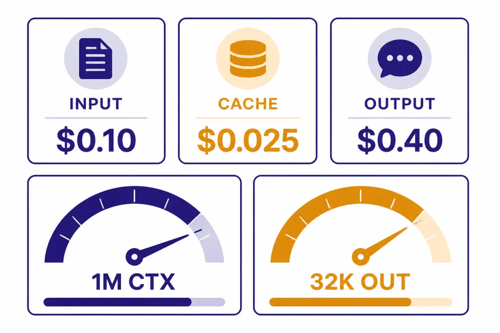 GPT-4.1 Nano Pricing Specs Pricing dashboard with INPUT $0.10, CACHE $0.025, OUTPUT $0.40, 1M CTX, and 32K OUT labels.