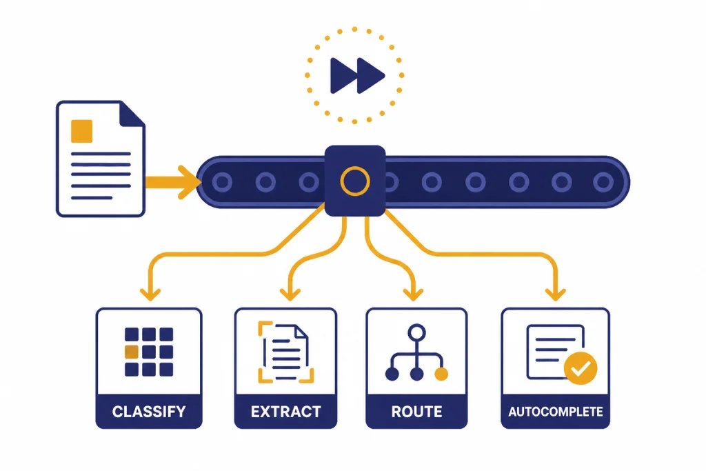 Nano Use Case Workflow Workflow conveyor splitting one document into boxes labeled CLASSIFY, EXTRACT, ROUTE, and AUTOCOMPLETE.
