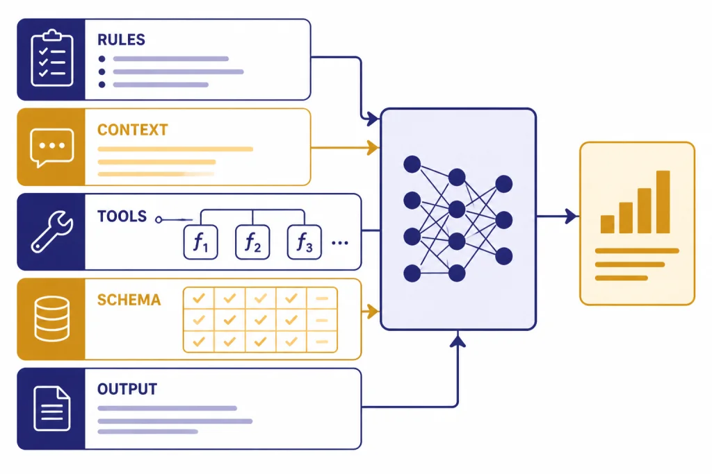 GPT-4.1 Prompt Structure Prompt layout with stacked sections labeled RULES, CONTEXT, TOOLS, SCHEMA, and OUTPUT.