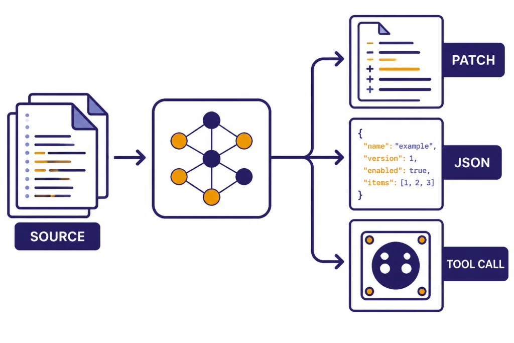 Structured Coding Workflow Coding workflow with SOURCE entering a model box and outputs labeled PATCH, JSON, and TOOL CALL.