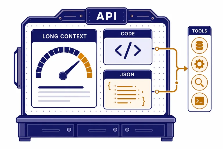 API workbench panel with tiles labeled LONG CONTEXT, CODE, JSON, and TOOLS around a context gauge.