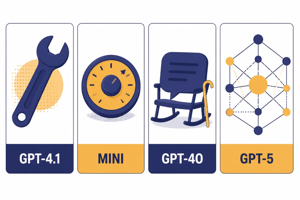 Model Comparison Grid Comparison grid with cards labeled GPT-4.1, MINI, GPT-4O, and GPT-5 using distinct icons.