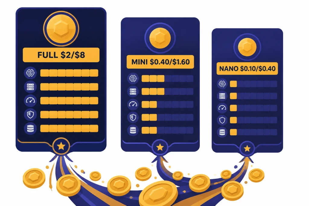 Three pricing cards labeled FULL $2/$8, MINI $0.40/$1.60, and NANO $0.10/$0.40.